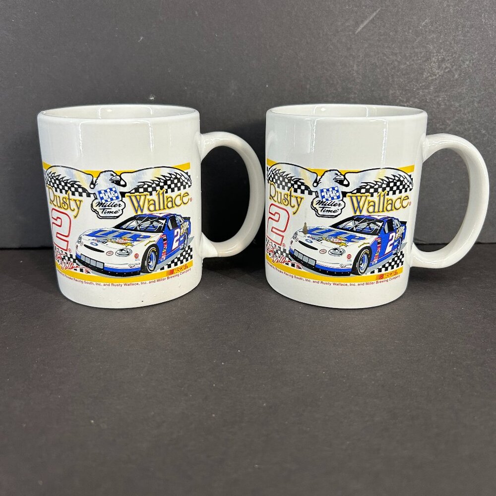 Set of 2 Rusty Wallace Coffee Mugs Penske Racing Miller Time Eagle 2 Thunderbird
